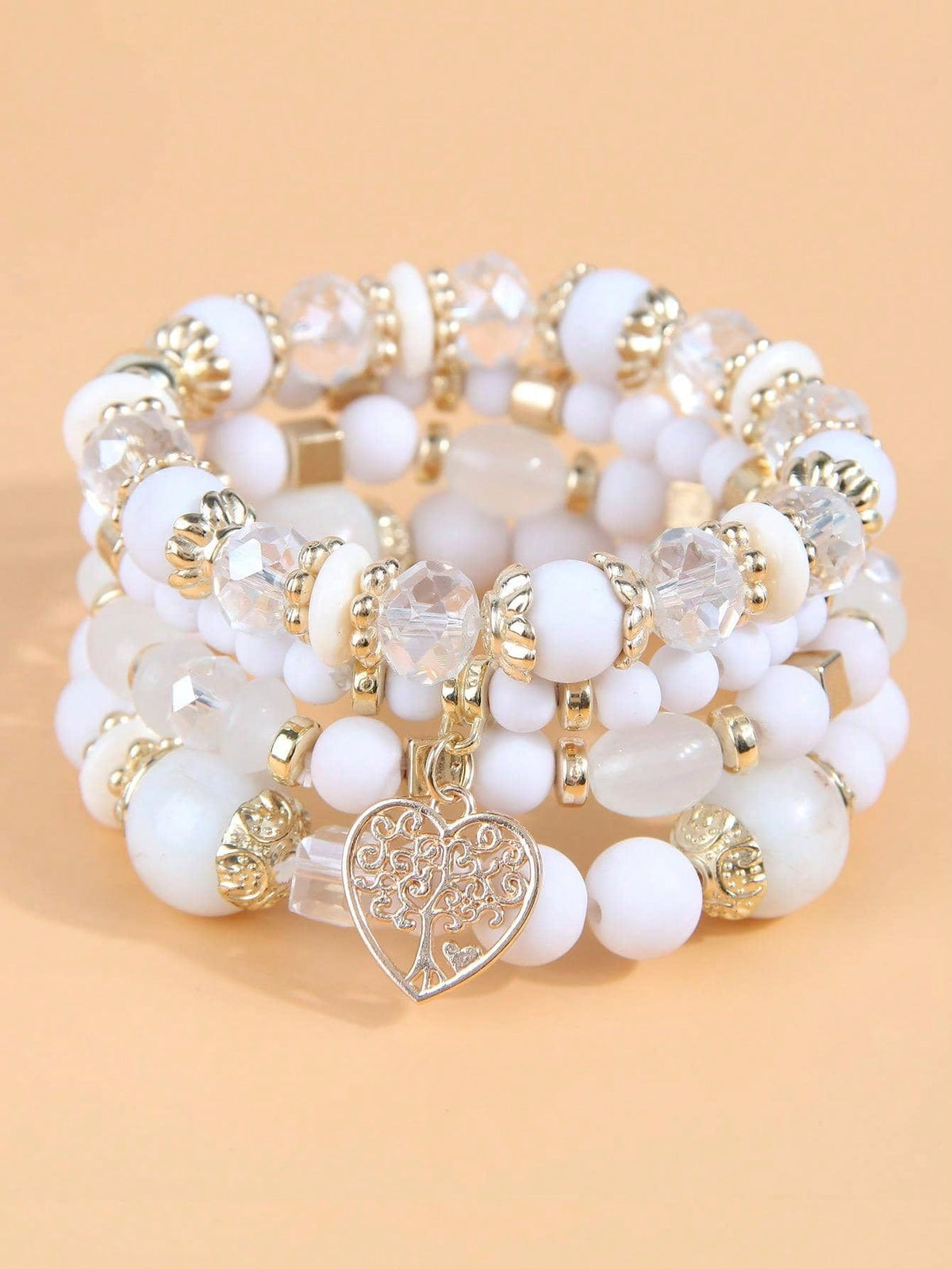 4pcs Simple Multi-layered Beaded Heart Pendant Women's Bracelets