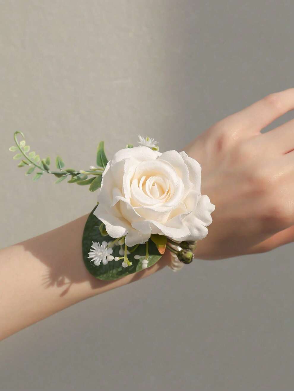 1pc White Rose With Faux Plant & Forest Style Romantic Wrist Corsage For Wedding, Party