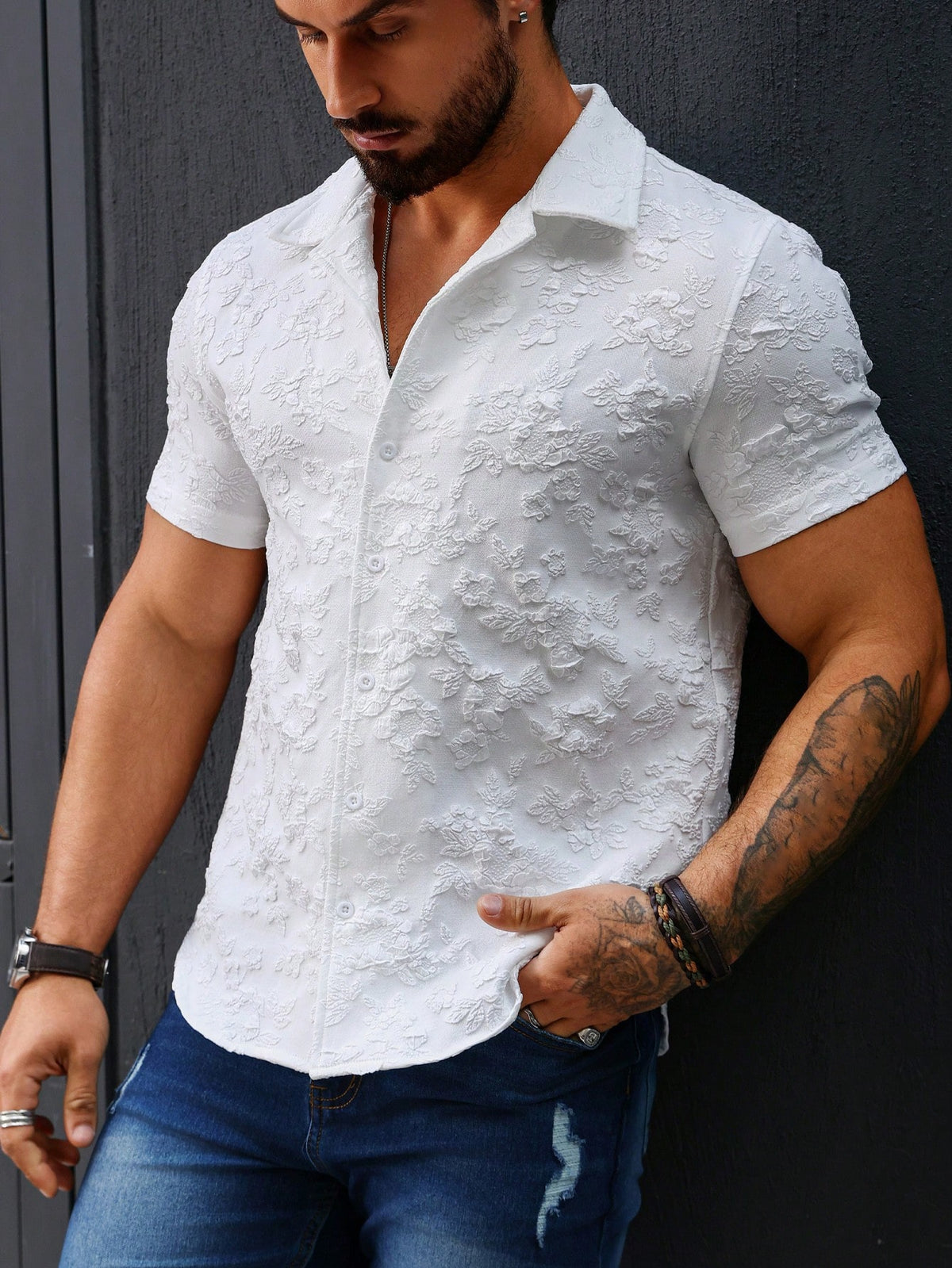 Manfinity Homme Men's Summer Floral Dark Stripe Short Sleeve Casual Shirt, Vacation Style