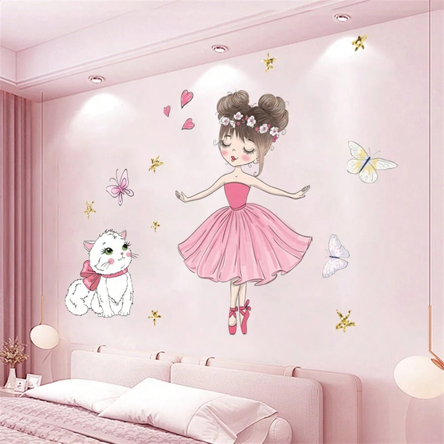 1pc Self-Adhesive Cartoon Dance Girl, Cat And Butterfly Wall Sticker For Bedroom, Living Room And Home Decor