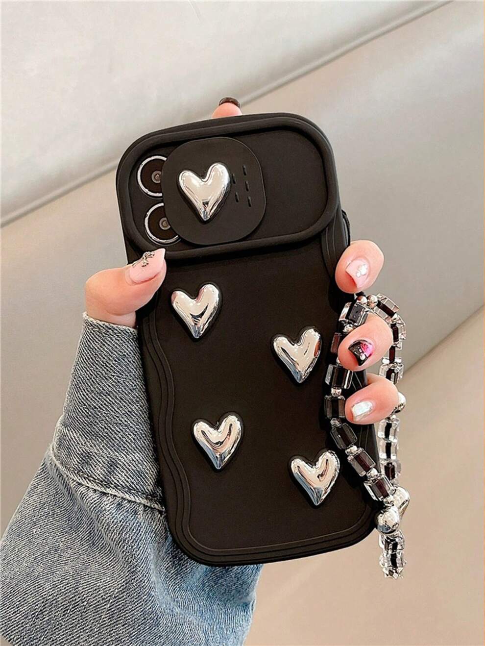 Diy Creative Electroplating Heart & Wave Detail Iphone Phone Case With Lens Protection And Hanging Cord Keychain Decoration