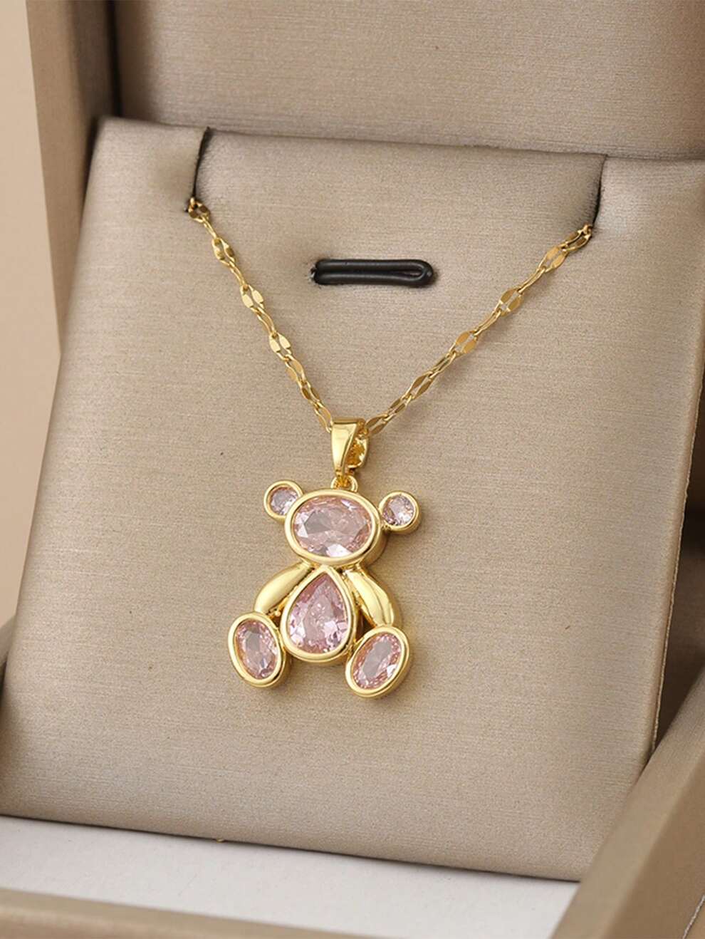 1pc Cubic Zirconia Stainless Steel Bear Pendant Necklace For Women