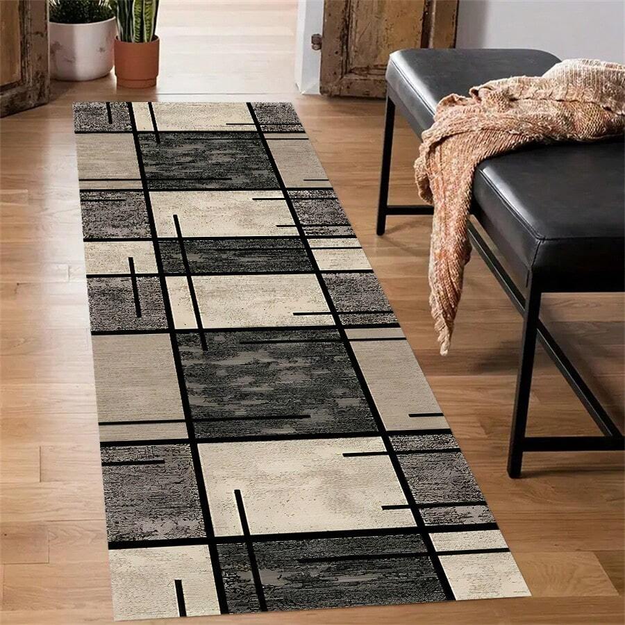 1pc Modern Geometric Anti-Skid Water/Stain-Absorbing Runner Rug Carpet Suitable For Corridor, Foyer, Living Room Doorway Decoration, Crystal Velvet