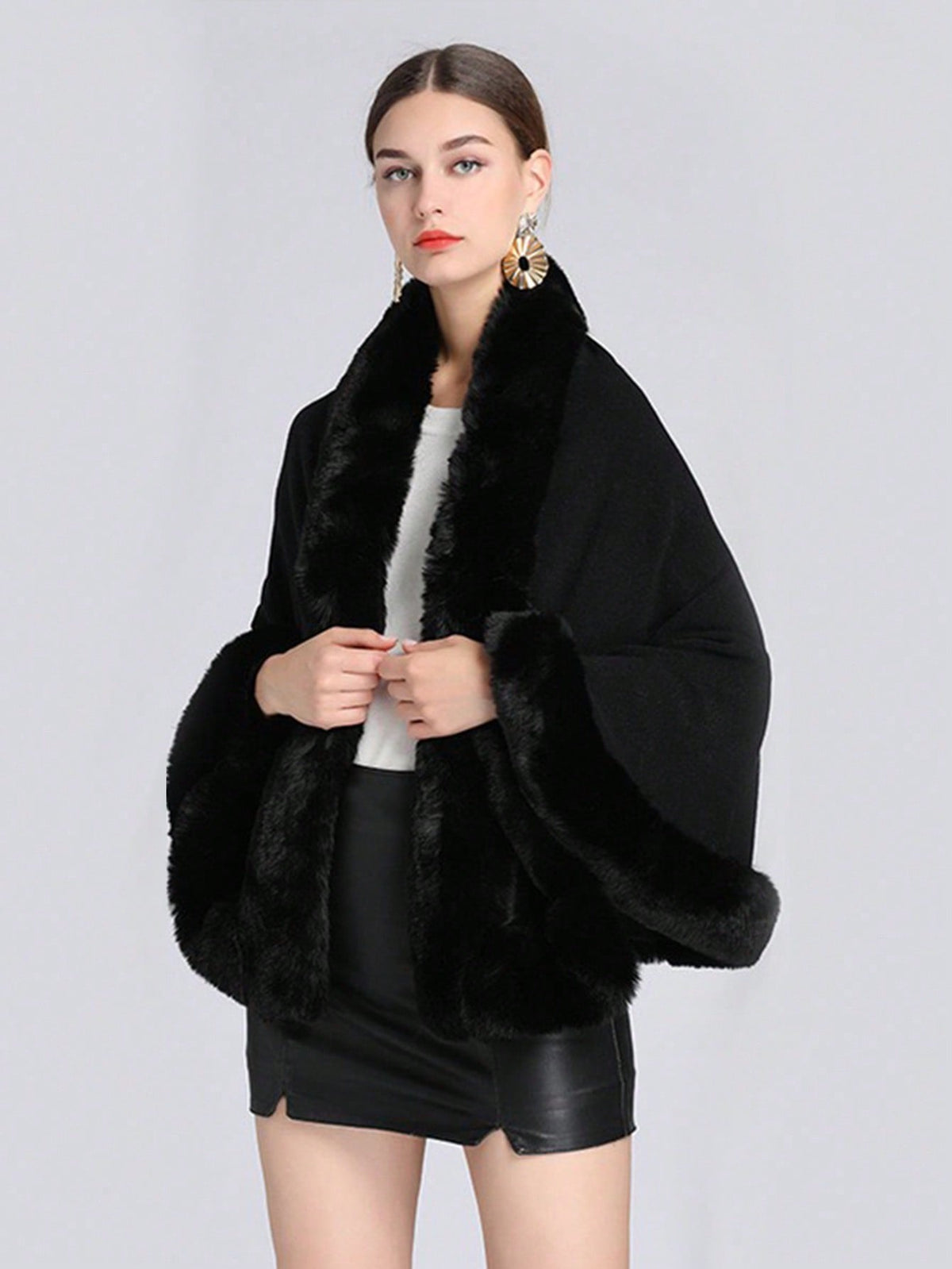 Vintage Faux Fur Collar Shawl Luxury Solid Color Thick Warm Cardigan Poncho Autumn Winter Windproof Outside Elastic Cloak