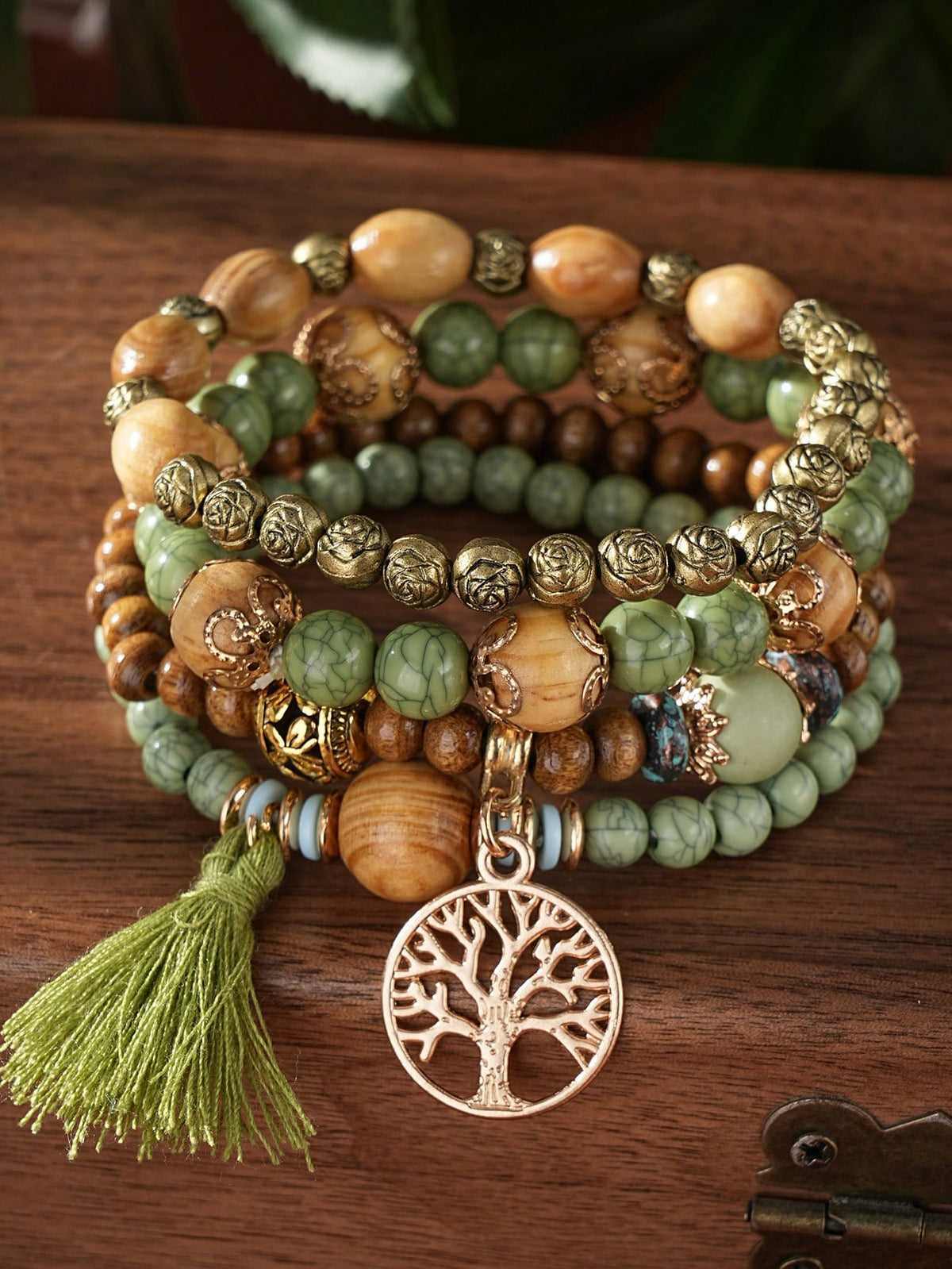 4pcs/Set Bohemian Style Tassel Tree Of Life Pendant Multi-Layered Wooden Bead Bracelet