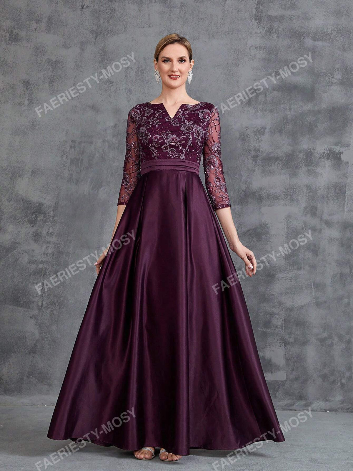 Women's Mid-Sleeve Embroidered Patchwork Satin Hem Formal Dress