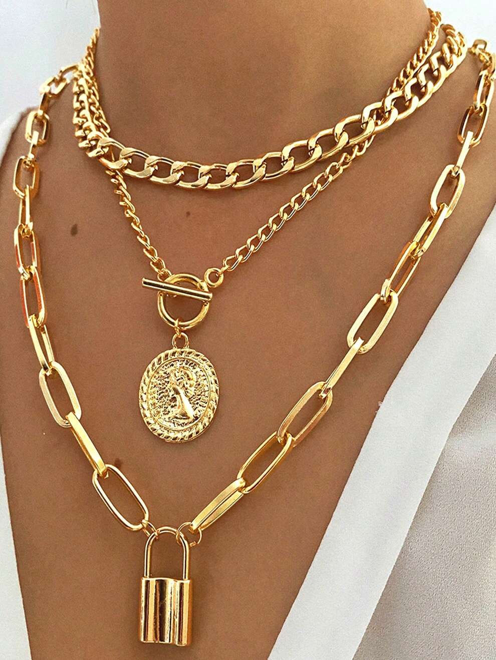 3pcs/Set Multi-Layer Coin & Padlock Pendant Necklace For Women Ot Clasp Thick Chain Necklace