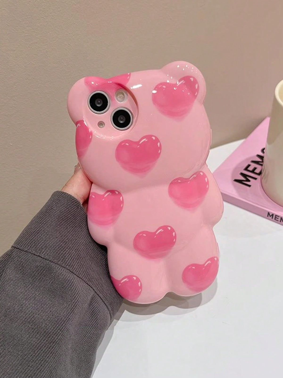 Pink Graffiti Heart 3D Teddy Bear IPhone 15 Pro Max/14 Cute Cartoon Phone Case, Full Coverage Shockproof Protection Cover Compatible With Apple IPhone 11/12/13 Pro