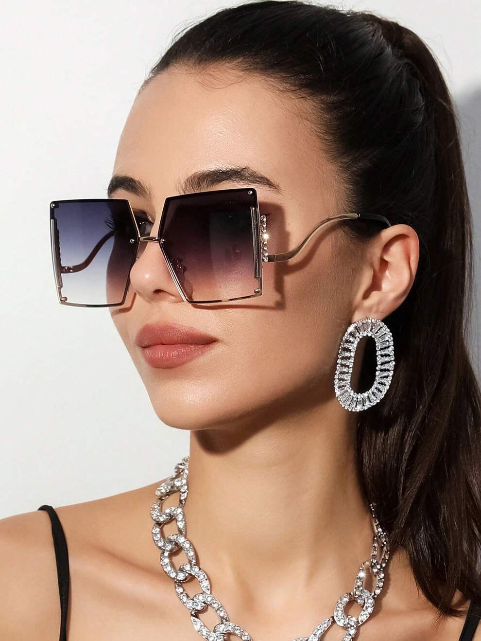 Rhinestone Decor Square Frame Oversized Fashion Glasses For A Trendy Vintage Boho Look Elegant Shades Beach Accessories