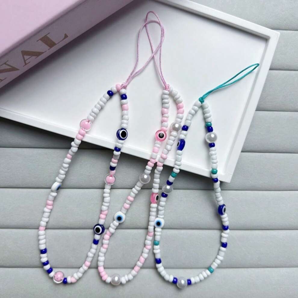 Pink/Blue Devil's Eye Beaded Mobile Phone Strap