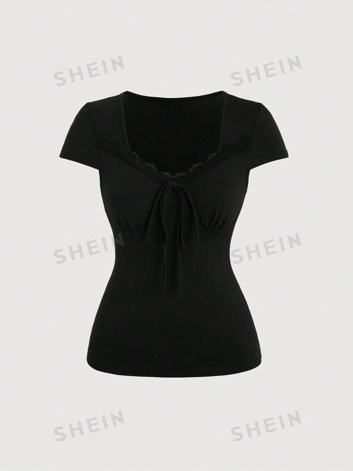 SHEIN MOD Women Rope Tie Floral Lace Splice T-Shirt