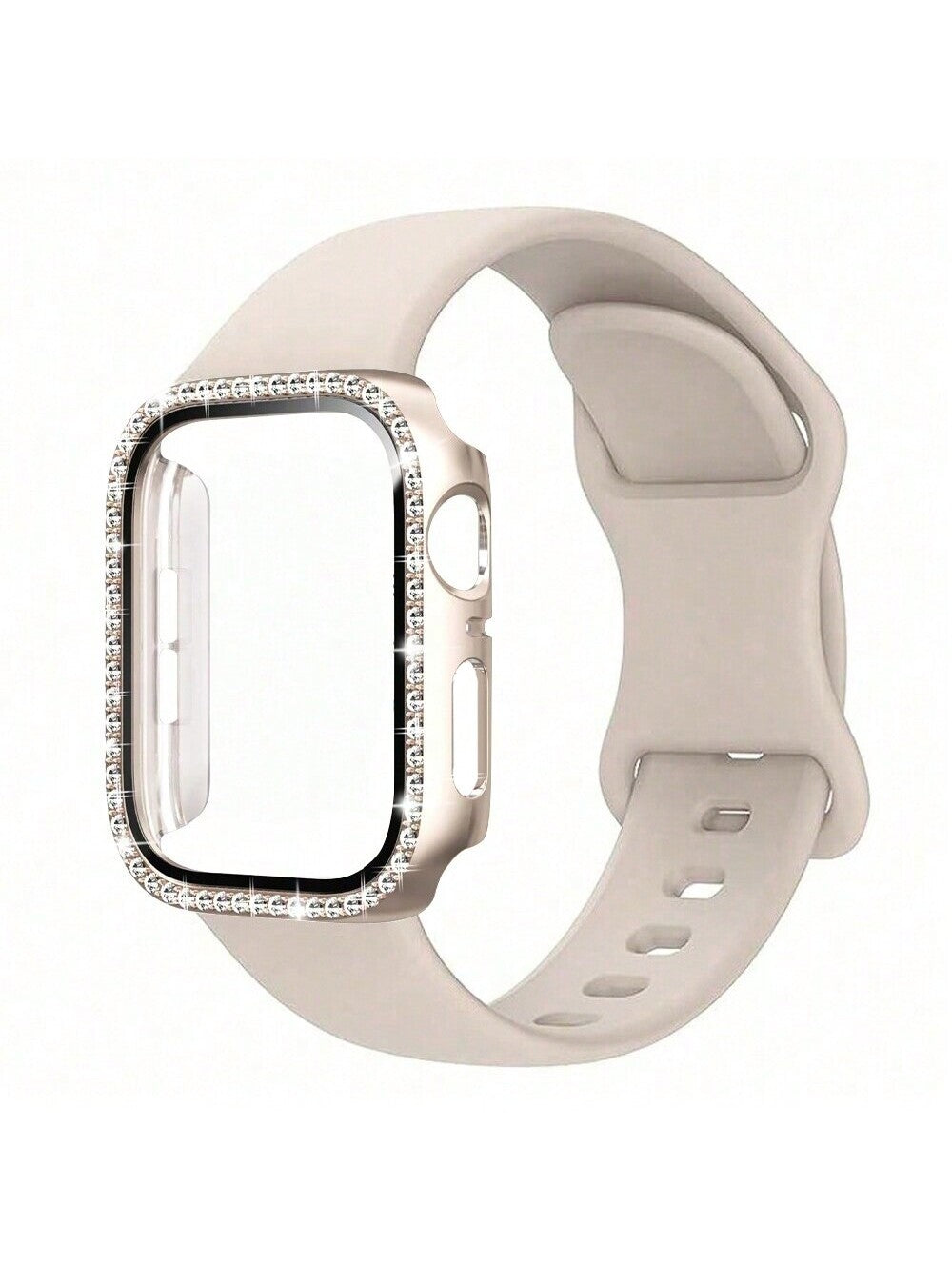 1Set Simple And Fashionable Solid Color Butterfly Buckle Silicone Watch Band And Shell, Inlaid Diamond PC Protective Case Compatible With Apple Watch Ultra Series Ultra 9 8 7 6 5 4 3 2 1 SE, Comfortab