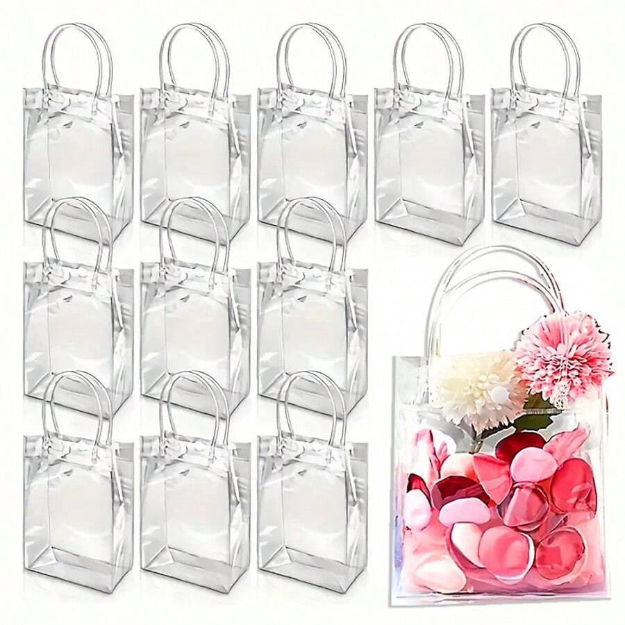 24 Pcs, 5.9"X 7.9"X 2.8" Clear Plastic Gift Bag With Handle, Reusable Clear PVC Gift Wrap Tote Bag For Halloween Christmas Retail Boutique Wedding Birthday Party Gifts, Shopping Bag, Party Bag, Party