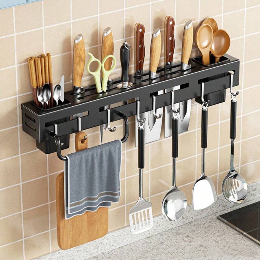 1pc Wall-Mounted Knife Holder Multifunctional Kitchen Organizer Utensil Storage Rack For Knives, Chopsticks And Spoons (No Drilling Required),Storage,Cocina,Kitchen Organiser,Kitchen Items,Room Decor,