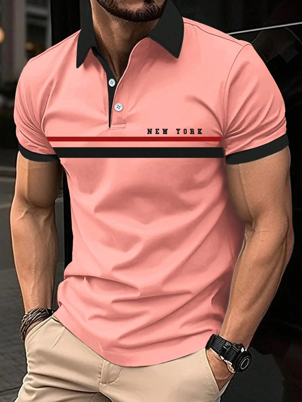 Manfinity Homme Men's Plus Size Colorblock Striped Polo Shirt With Letter Print