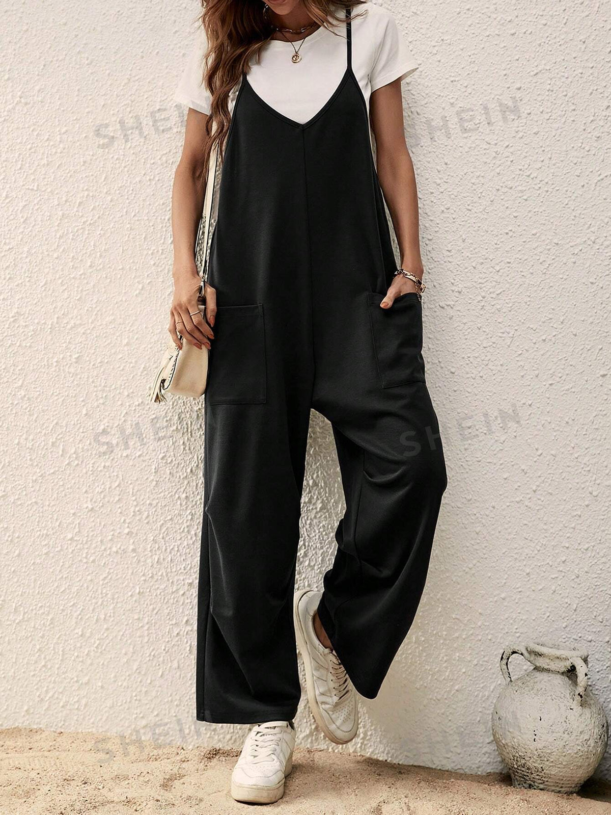 SHEIN LUNE Spring Black Pocket Decor Women's Sleeveless Jumpsuit