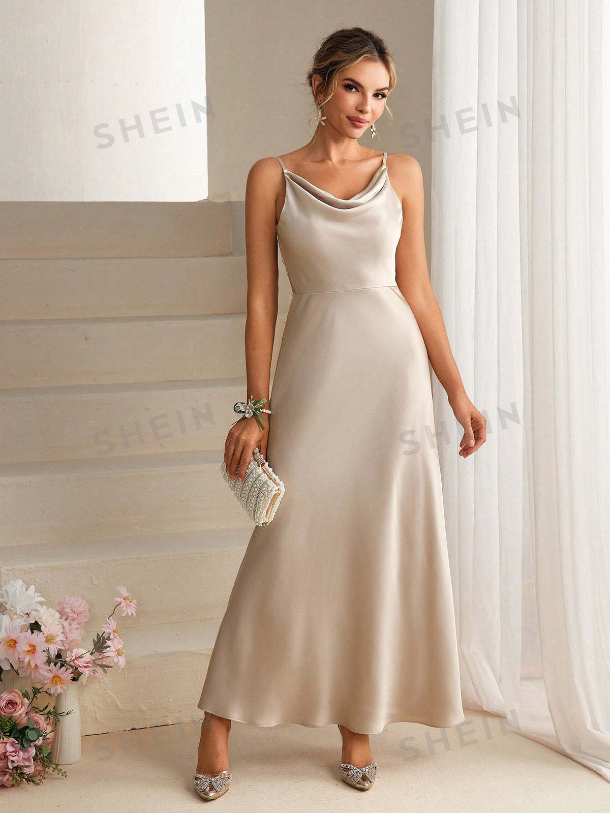 SHEIN Belle Women's Simple Solid Color Daily Wear Elegant Bridesmaid Long Dress With Spaghetti Straps