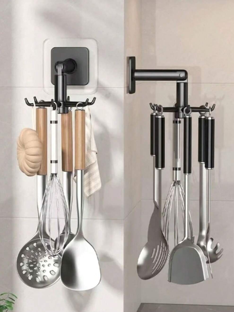 1pc Multi-Functional Kitchen 360 Degree Rotating 6 Hook Spoon & Spatula & Ladle & Shovel Storage Rack Without Drilling