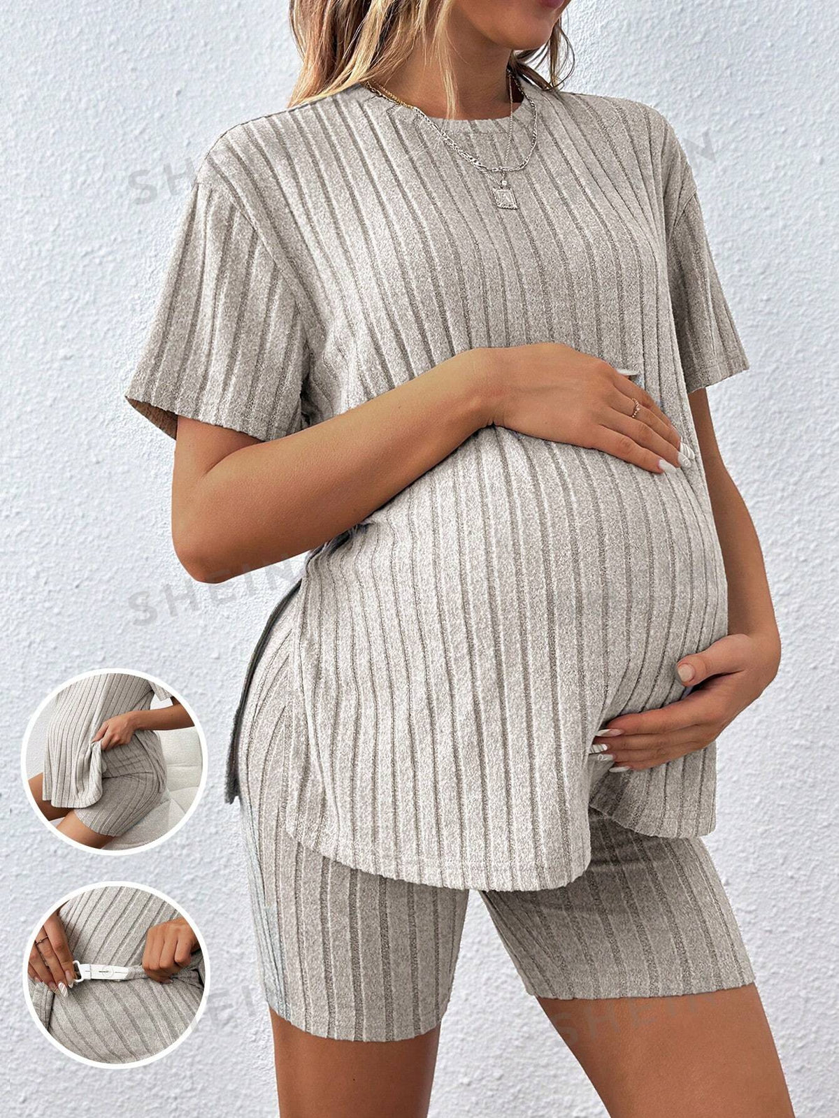 SHEIN Maternity Women's Loose Round Neck T-Shirt With Adjustable Elastic Waistband Shorts, Maternity Two-Piece Set, Pregnancy Clothes