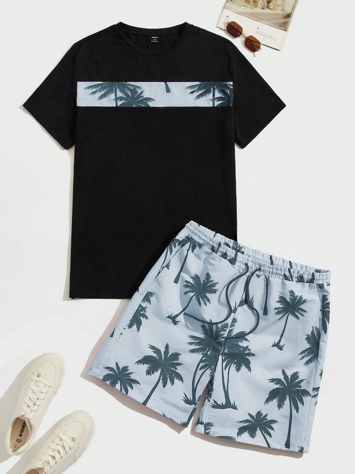 Manfinity Chillmode Men's Tropical Floral Print Knit T-Shirt And Woven Shorts Set