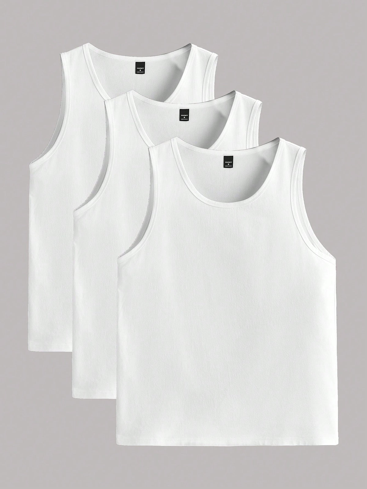 Manfinity Basics 3Pcs Set Men's Beige Work Out Tank Tops, Sleeveless Daddy Plain All White Gym Basic Tank Top