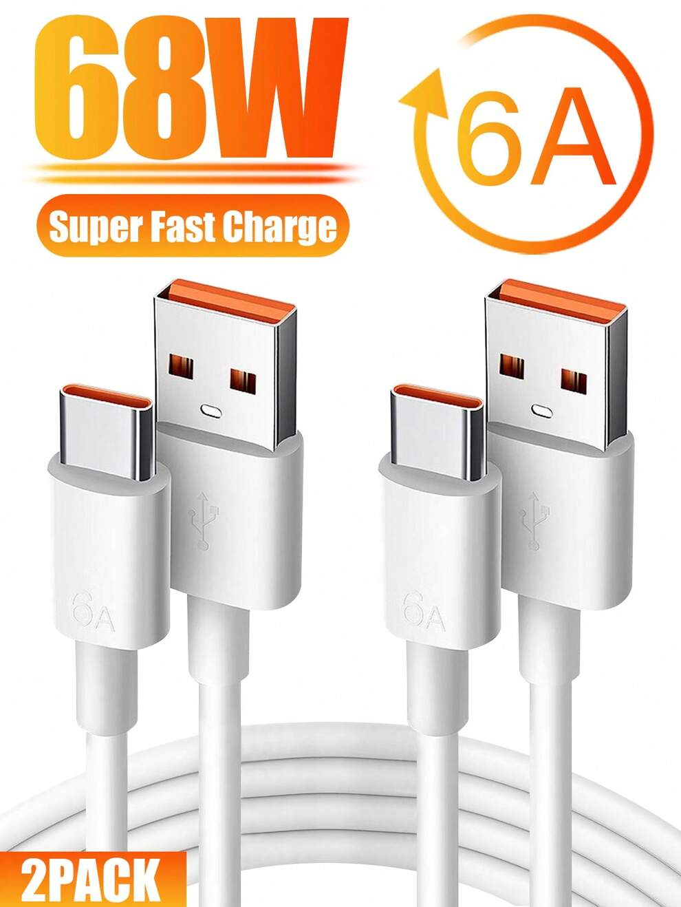 2pcs 6a Upgraded Type-C Quick Charge Cable With Intelligent Quick Charge Chip, Automatic Current Adaptation, Fast Charging Without Damaging The Device; 2 In 1 Charging And Data Transfer Cable With Bui