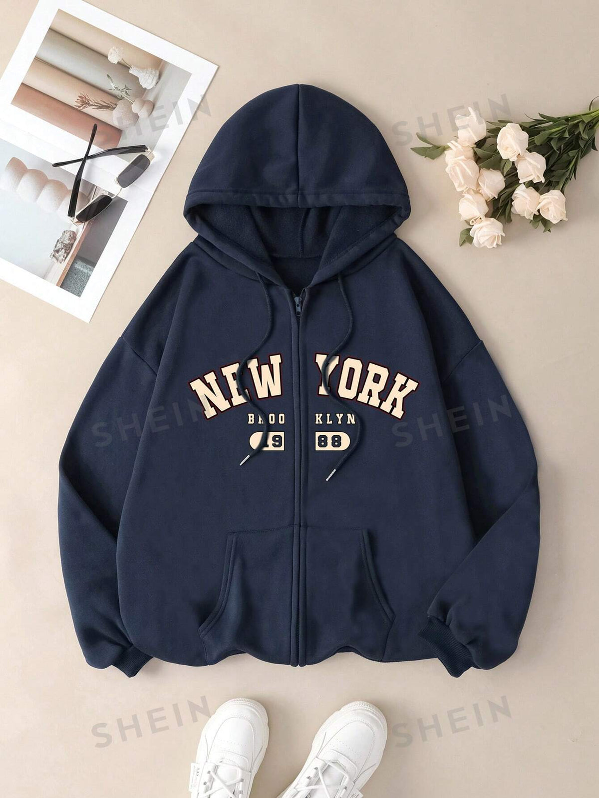 SHEIN EZwear Loose Fit Letter Printed Hooded Drawstring Sweatshirt With Dropped Shoulder Design