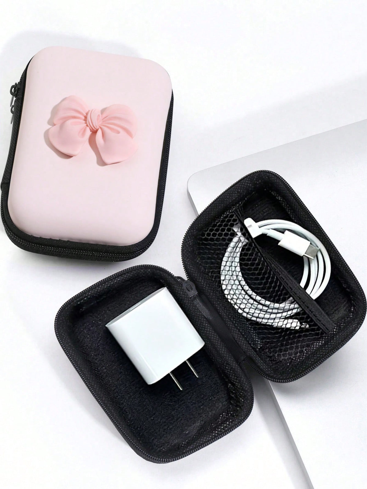 Eva Zipper Storage Bag For Earphones, Data Cables, Chargers, Usb Drives, Sd Cards, With Bowknot Decoration And Anti-Fall Protection