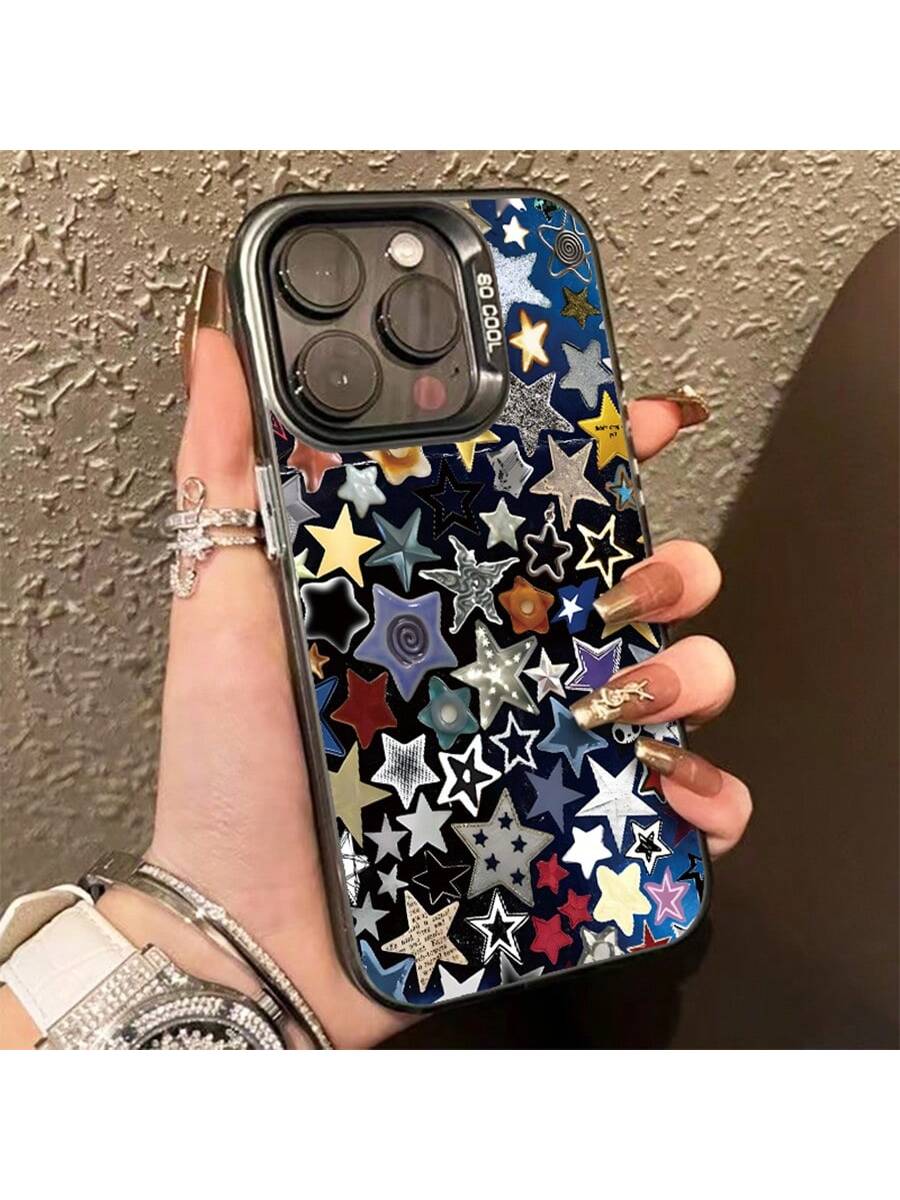 Y2k 1pc Matte Imd Phone Case With Star Pattern, Separate Electroplated Buttons, Matte Finish & Anti-Slip Texture, Soft Phone Cover To Protect Phone Against Fall Damage