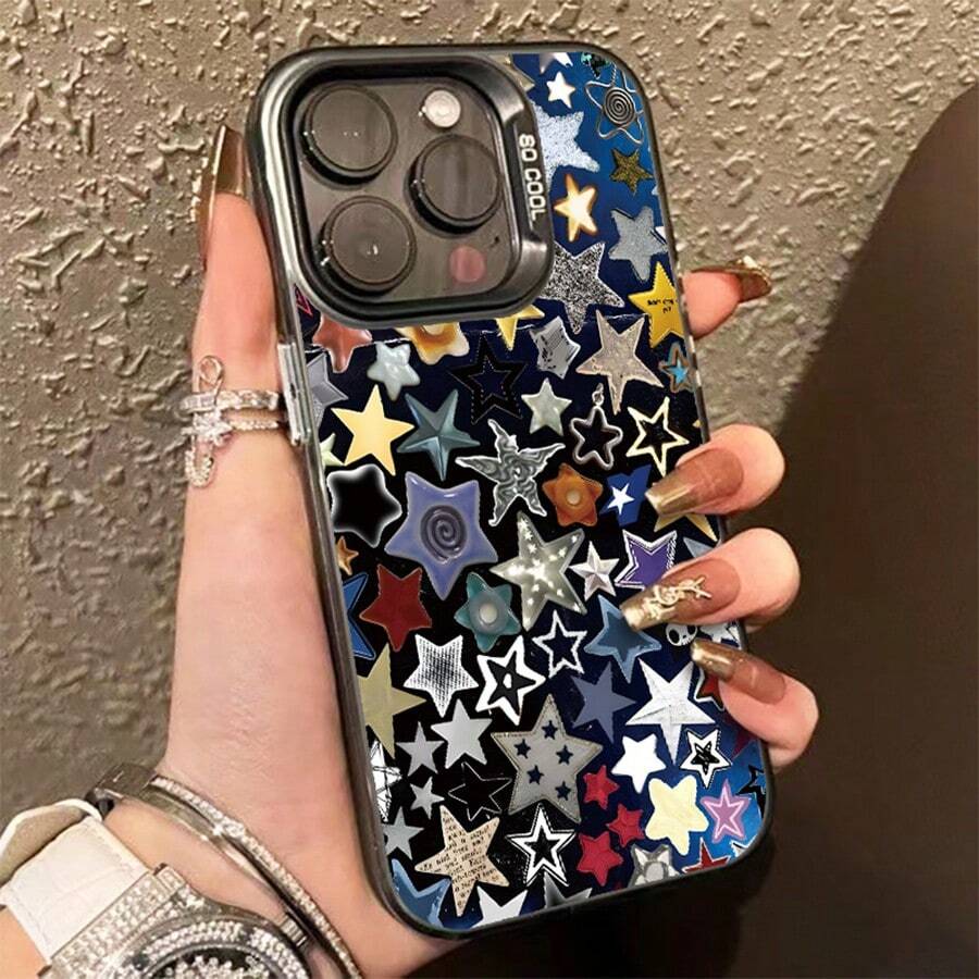 1pc Matte Imd Phone Case With Star Pattern, Separate Electroplated Buttons, Matte Finish & Anti-Slip Texture, Soft Phone Cover To Protect Phone Against Fall Damage