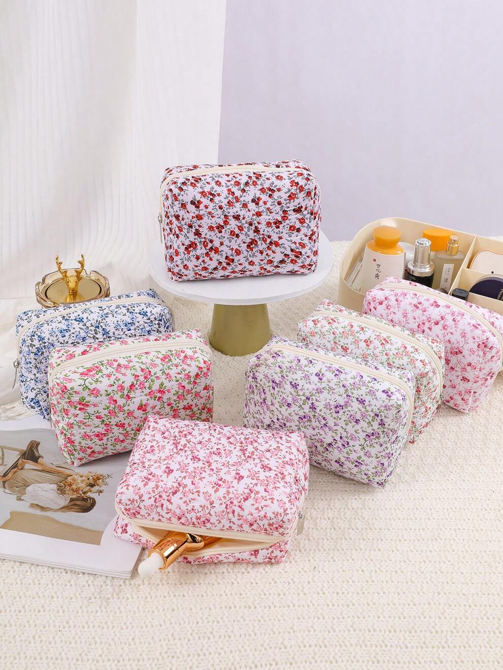 1Pc Octagonal Floral Makeup Bag, Large Capacity Square Portable Handheld Makeup Bag, Foldable Travel Cosmetic Bag, Popular Floral Makeup Bag, Cosmetic Tool Organizer Gift For Women & Girl