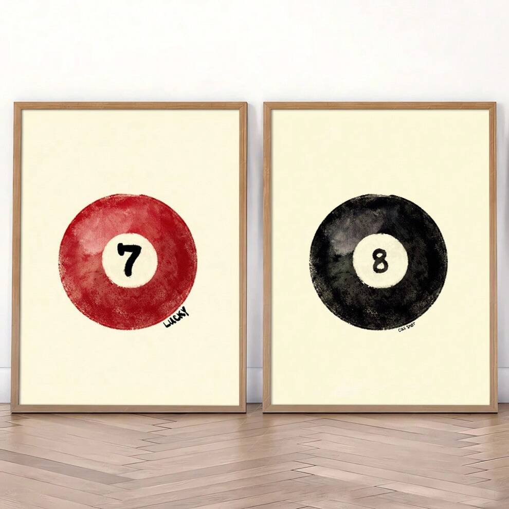 Set Of 2 Black Red Pool Ball Trendy Canvas Poster Print Preppy Wall Art Minimalist Painting Ideal Gift For Dorm, Bedroom,Living Room,Modern Home Decoration,Unframed