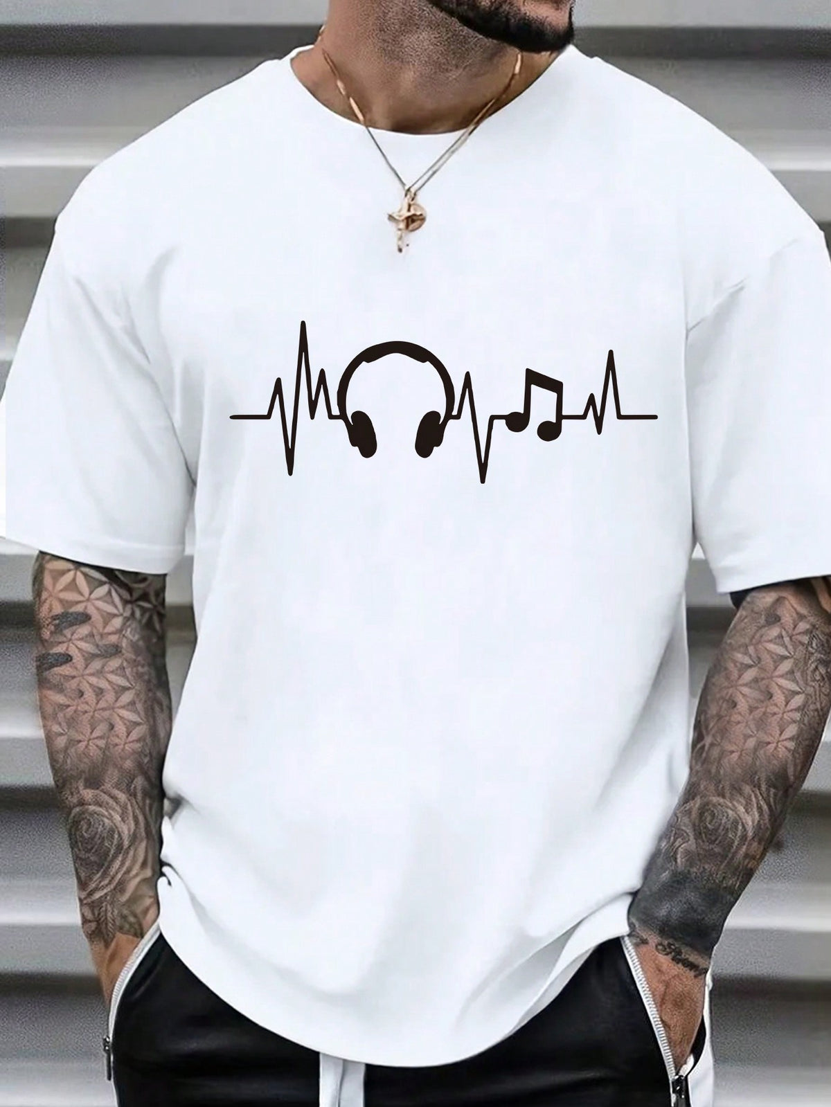 Men's Plus Size Printed T-Shirt With Ekg And Earphone Design