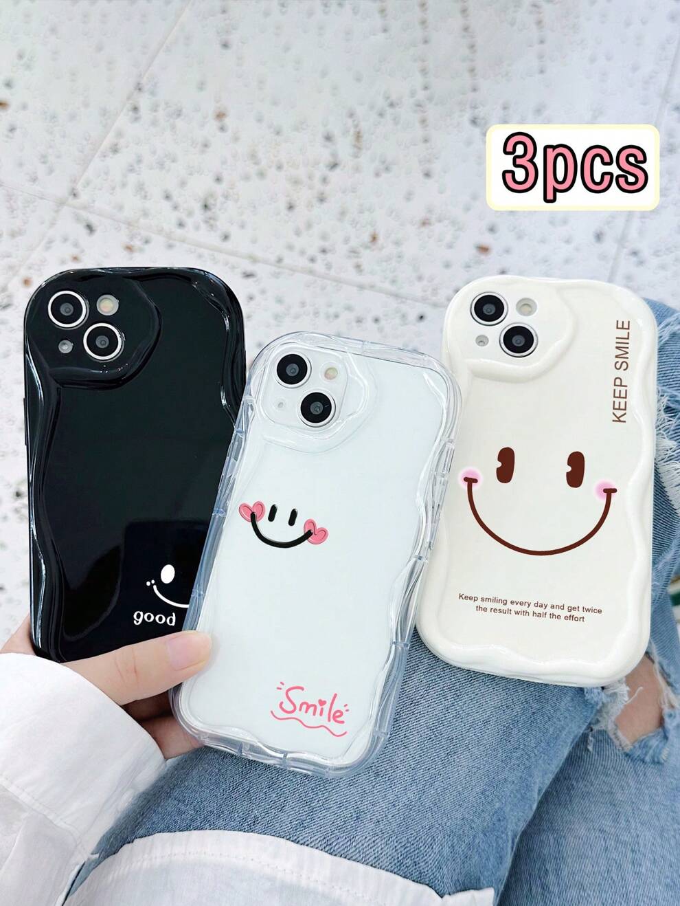 3pcs/Set Different Smiling Face Pattern Phone Case, With Full Camera Lens Protection, Clear Wave, White Wave, Black Wave Phone Cases Compatible With IPhone