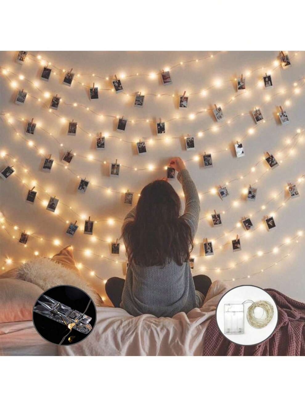 1pc Led Photo Clips String Light, Bedroom Wall Decorative Fairy Lights, 10m/100led With 40 Clips, Battery Powered, Ideal For Commercial, Bar, Bedroom, Party, Wedding Decor, Christmas Decoration