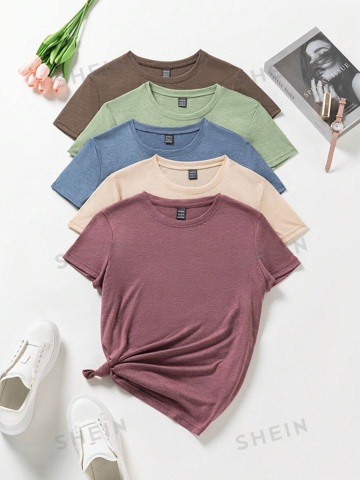 SHEIN LUNE Women's Summer Casual Solid Color Short Sleeve Round Neck T-Shirt