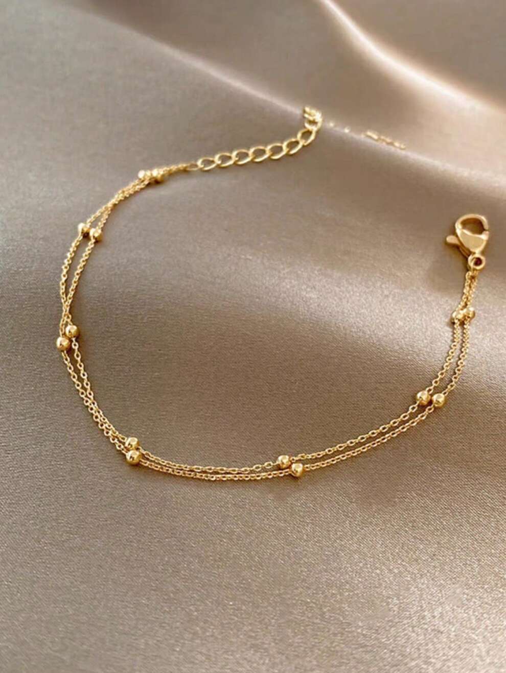 1pc Gold-Color Double-Layered Good Luck Beaded Anklet For Women, Fashionable, Luxurious And Versatile, Suitable For Wearing On The Beach, Daily Life And Other Occasions