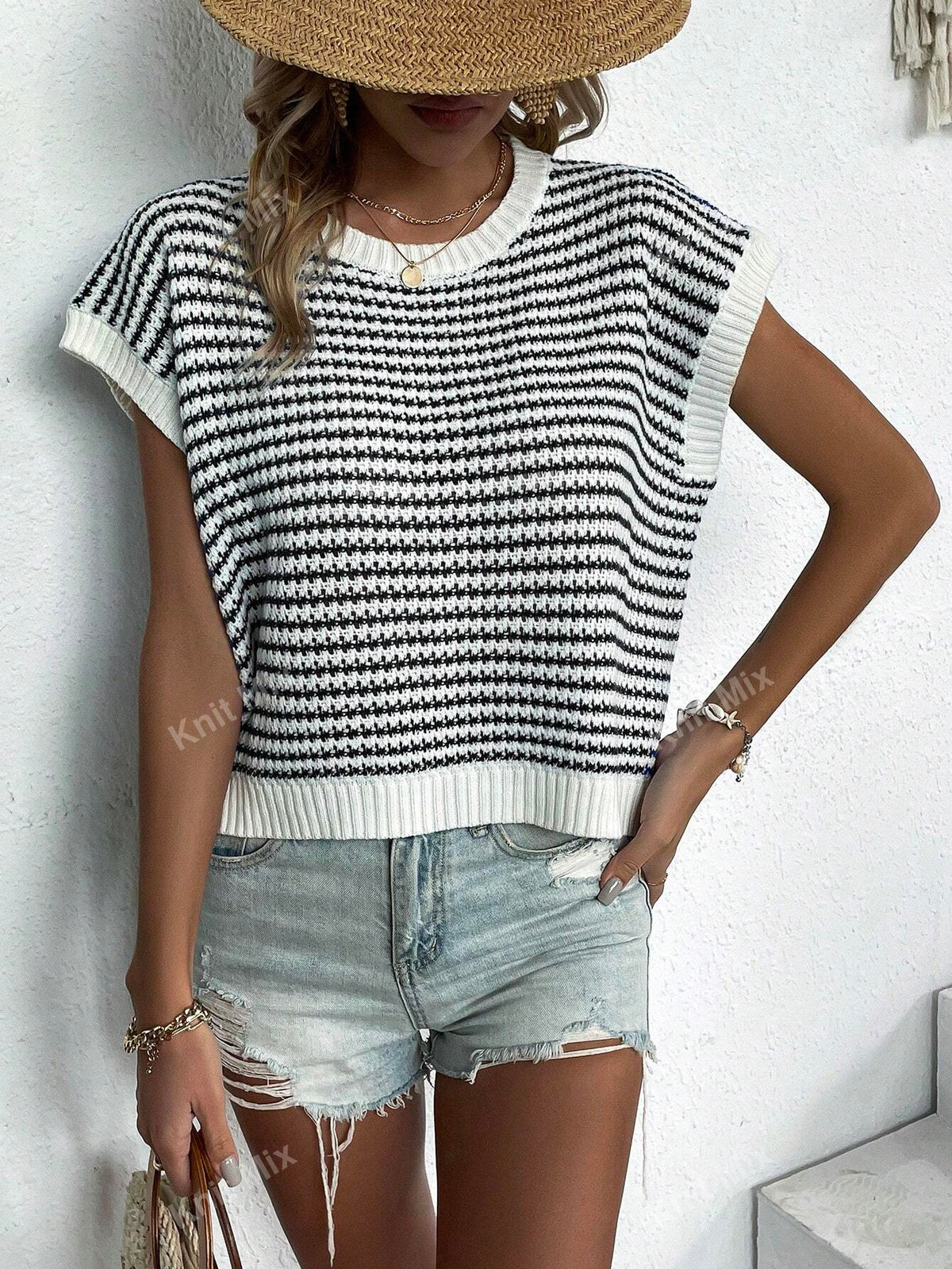 Knit Mix Holiday Leisure Color Block Striped Loose Knit Top, Random Stripes