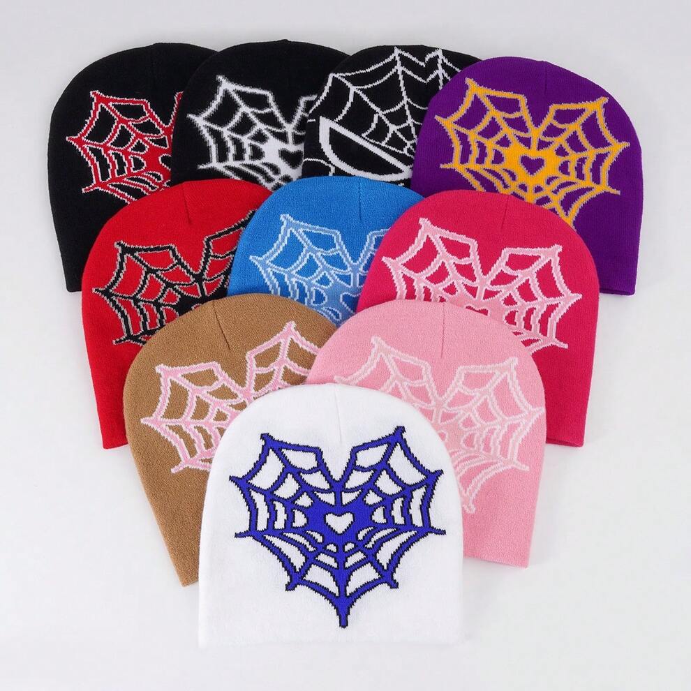 1pc Y2k Style Color Blocking Heart Shaped Spider Web Pattern Personality Street Skull Beanie Hat, Unisex, Jacquard Knitted Hat, Suitable For Daily Leisure, Outdoor Sports, As Festival Gift