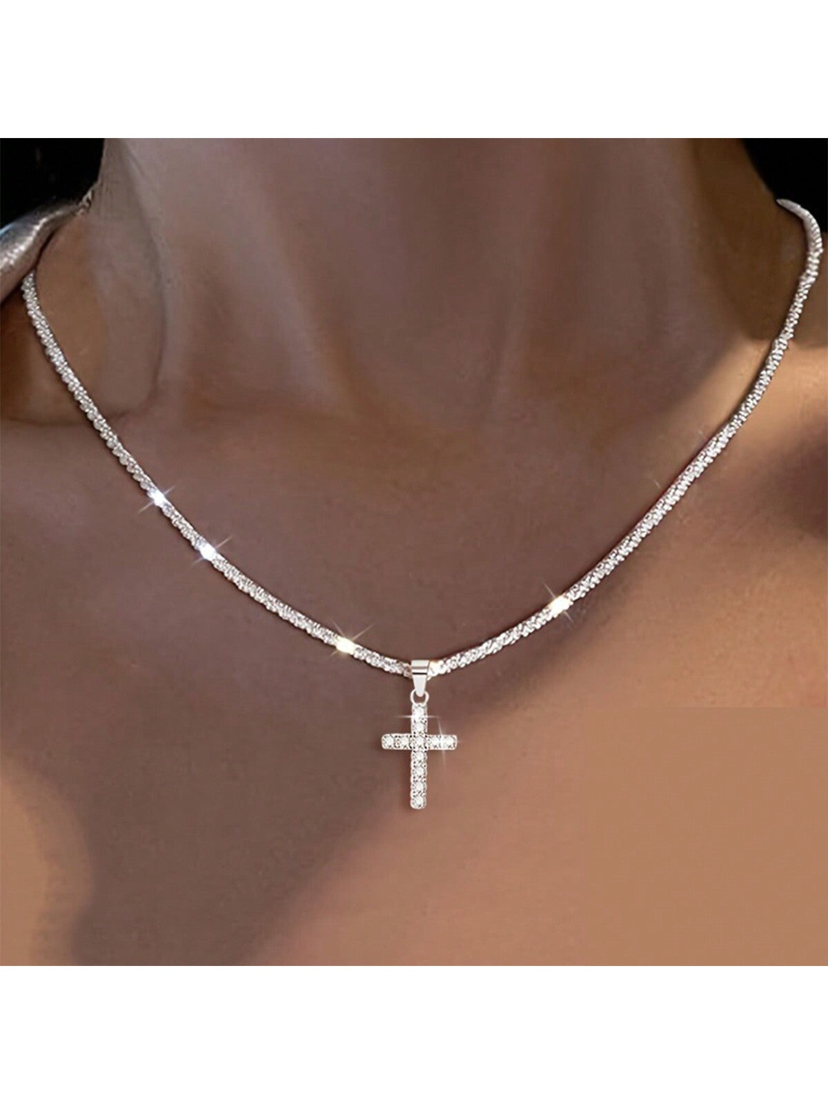 1pc 925 Sterling Silver Cross Pendant Collarbone Chain With Starry Sky Design For Women