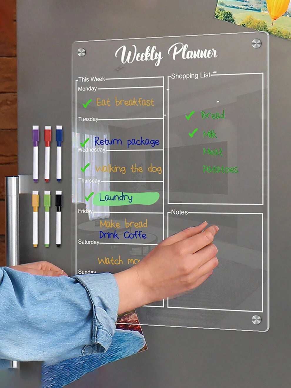 1set Clear Acrylic Magnetic Memo Board Including 6 Whiteboard Markers, Magnetic Weekly Planner For Refrigerator Decor