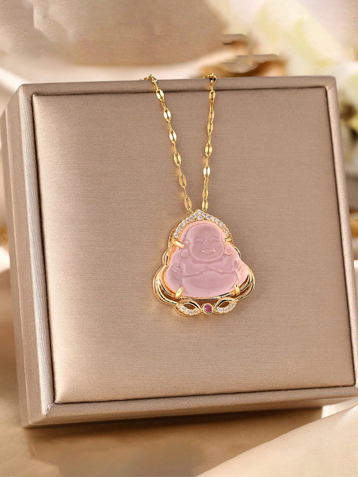 1pc Pink Jade Faith Buddha Pendant Necklace, Suitable For Women's Daily Wear, Luxury & Delicate Gift