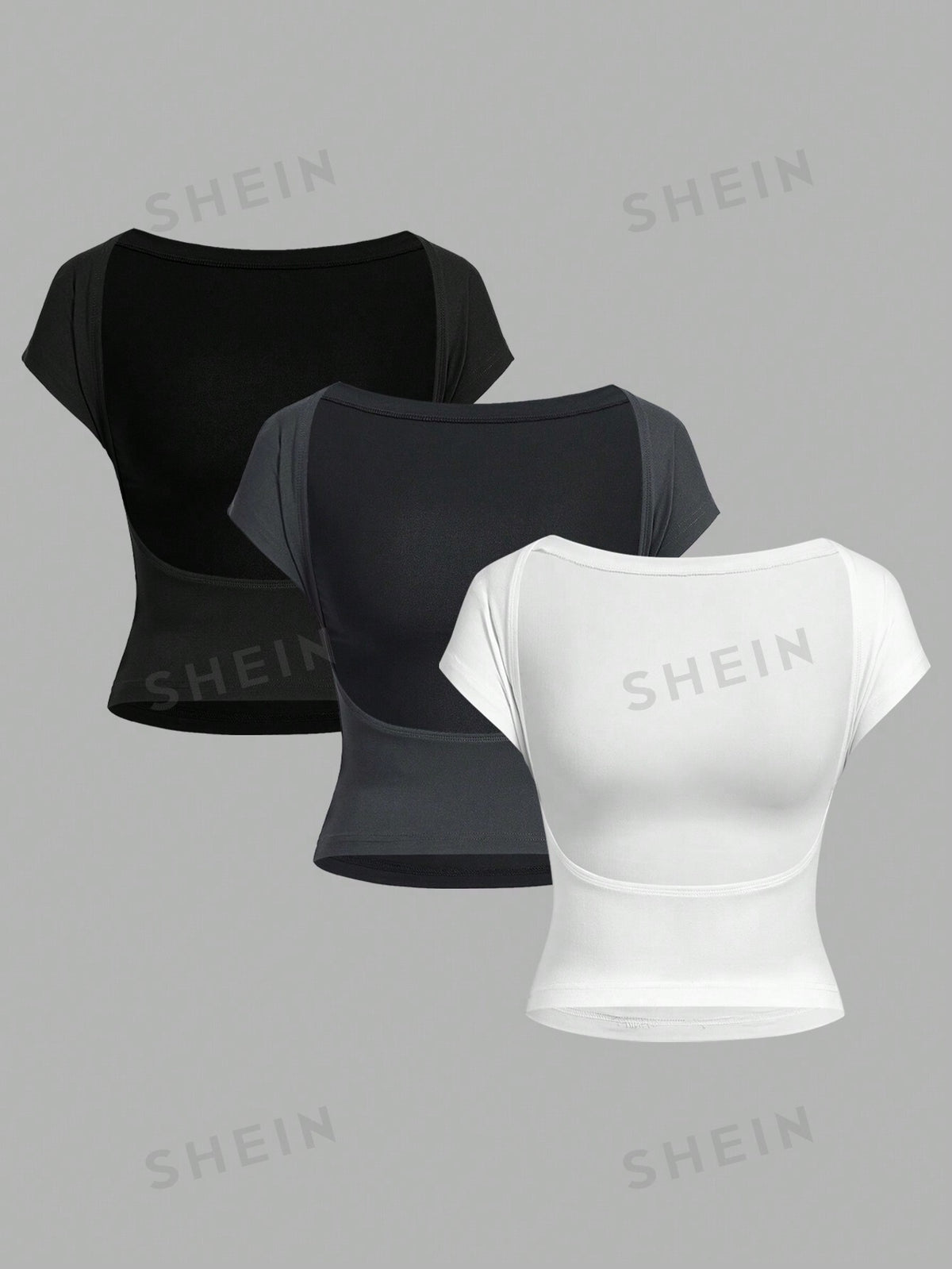 SHEIN EZwear 3pcs Casual & Simple Black, White & Green Backless T-Shirts, Suitable For Summer