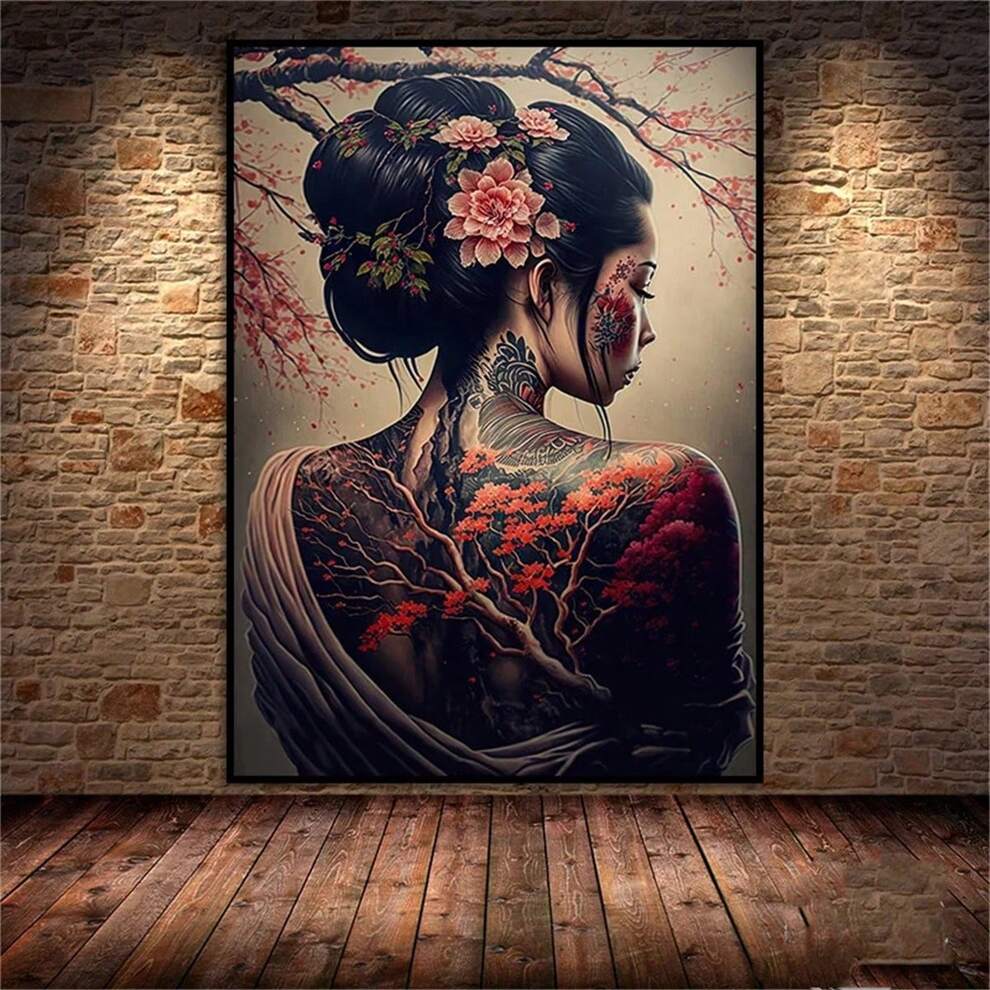 1pc Vintage Japanese Tattoo Geisha With Cherry Blossom On Back Art Poster Canvas Painting Wall Prints Girl Picture Room Home Decor Frameless