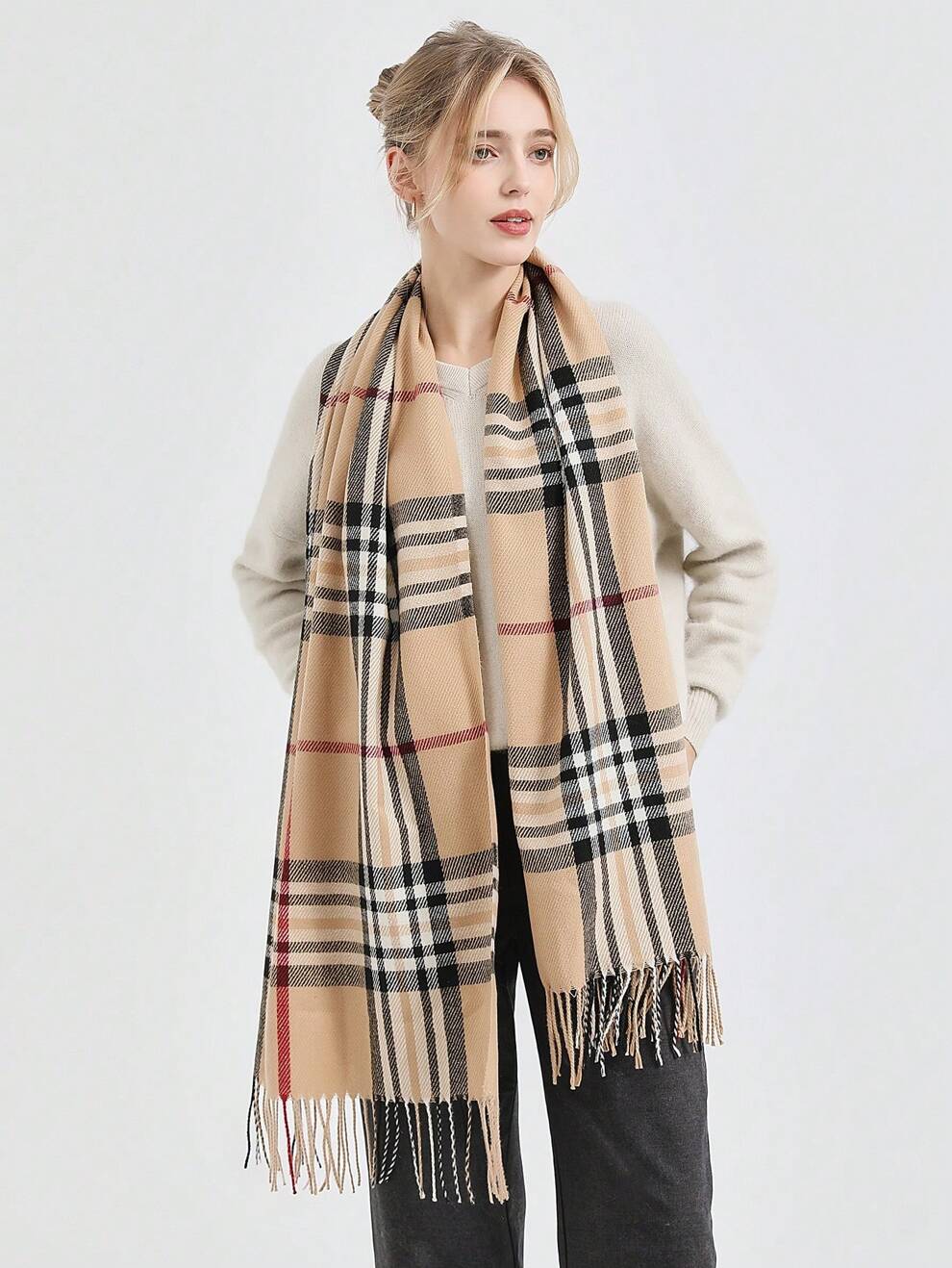 Elegant 1pc Women Best Plaid Print Fringe Hem Scarf For Daily