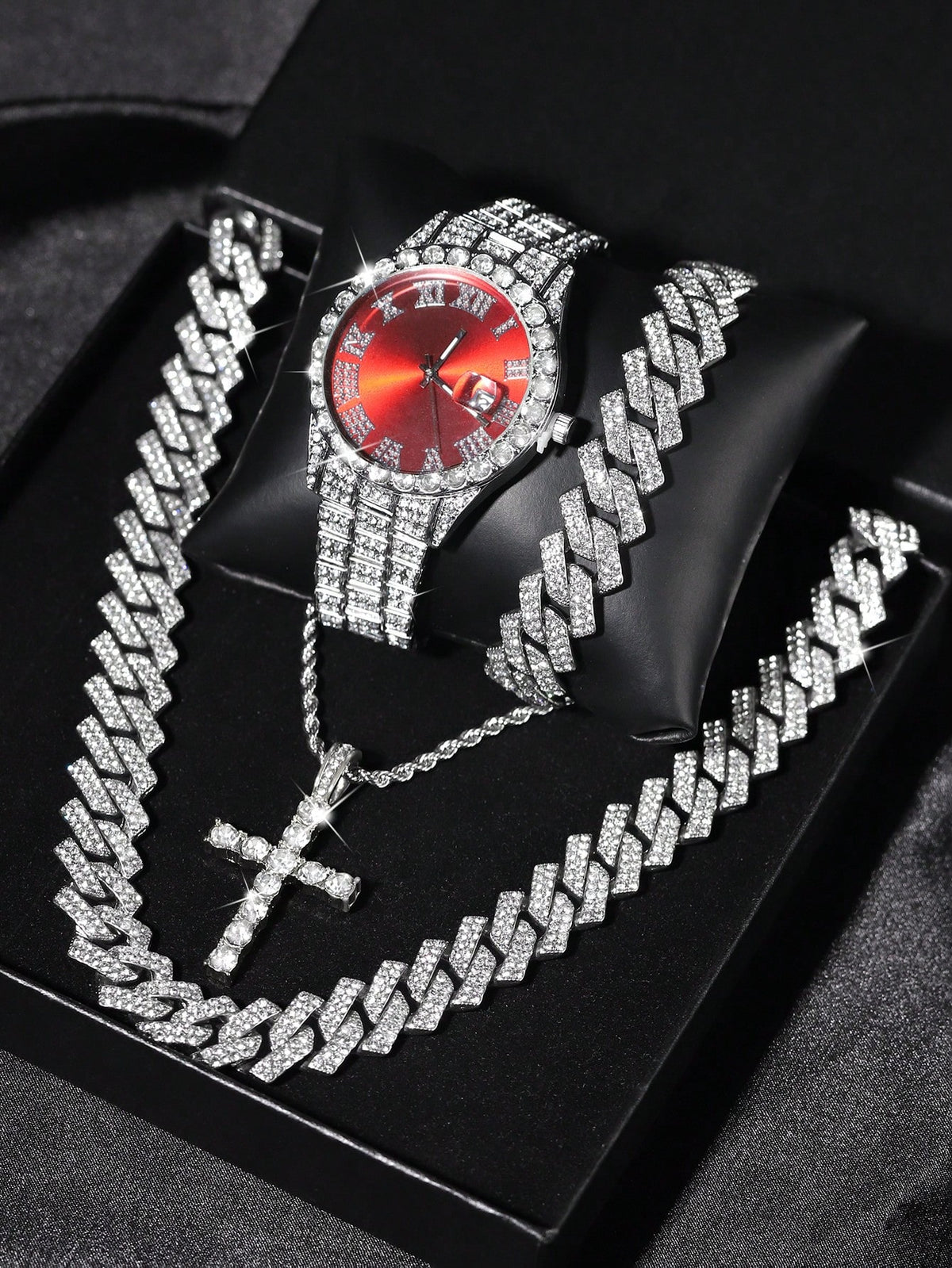 5 Pcs Hip Hop Gift Watch+Cross Pendant Necklace+Bracelet Creative Iced Out Miami  Link Chain Trendy Jewelry Set For Men And Women