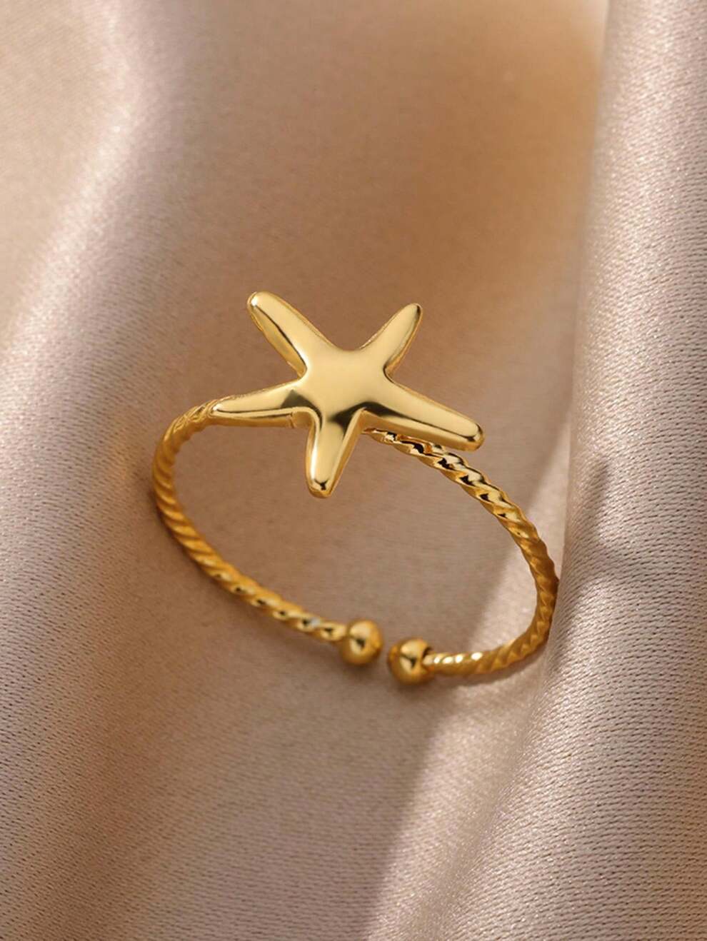 1pc Stainless Steel Star Shaped Ring With Twisted Rope Design And Starfish Detail