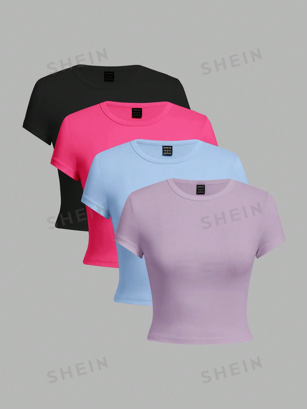 SHEIN EZwear 4pcs Set Of Simple Pattern Round Neck Short Sleeve Women's Cropped Tight T-Shirt, Casual