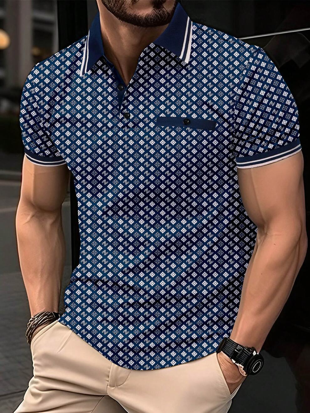 Manfinity Mode Men's Geometric Print Short Sleeve Polo Shirt