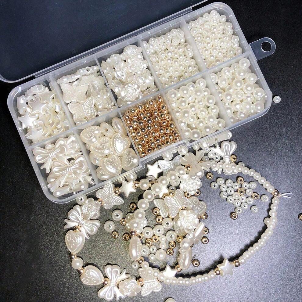 800Pcs White Mixed Acrylic Pearl Polished Loose Beads Set Elegant For DIY Jewelry Decors Handmade Craft Jewelry Making Supplies And Creating A Mobile Phone Chain